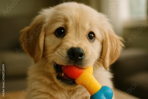 Adorable golden retriever puppy chewing on a colorful squeaky bone toy indoors