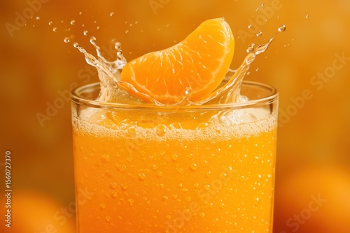 Refreshing orange juice splashing with a fresh citrus segment dropping into a glass