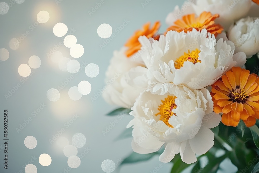 Obraz premium Close-up of a bouquet of white peonies and orange zinnias.