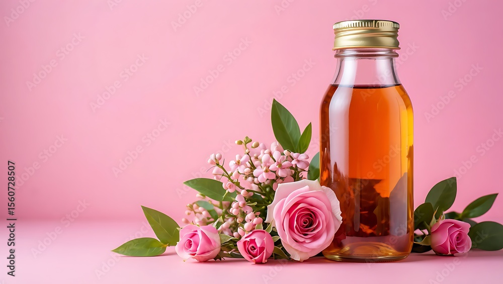 Natural Rose Essential Oil Bottle with Fresh Flowers for Skincare and Aromatherapy Natural Rose Essential Oil Bottle with Fresh Flowers for Skincare and Aromatherapy
