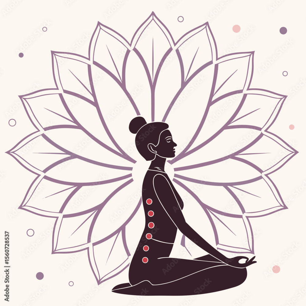 Obraz premium Silhouette of woman meditating in lotus position with lotus flower background in vector art