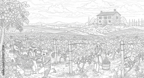 Vintage Grape Harvest A Black and White Illustration of 17th Century Vineyard Workers