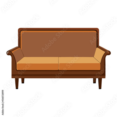 A classic two-seater sofa with brown leather upholstery, orange seat cushions, curved armrests, and wooden legs in a traditional living room style.