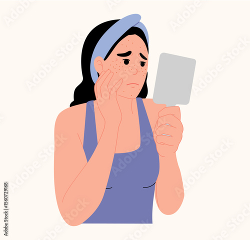 Young woman hand mirror worrying about her acne