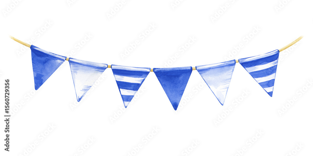 Obraz premium Small flags in white and blue on a rope. Watercolor illustration of triangular flags in the color of the Greek flag. The template is on a white background. Isolated.
