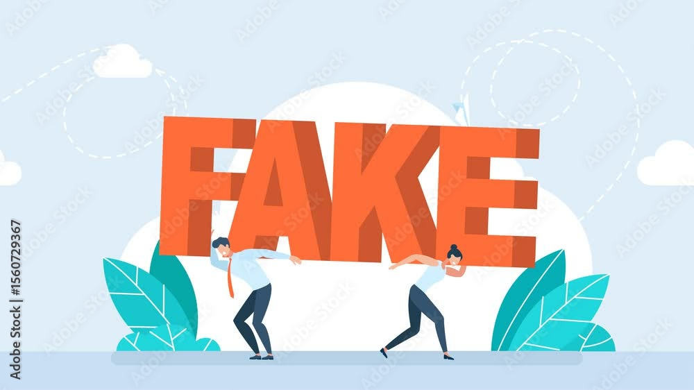 Disinformation. Fake presses on people. A man and a woman bent under the pressure of fake news. Social propaganda, man dizziness, news opinion fake, pressure or influence media. 2d flat animation
