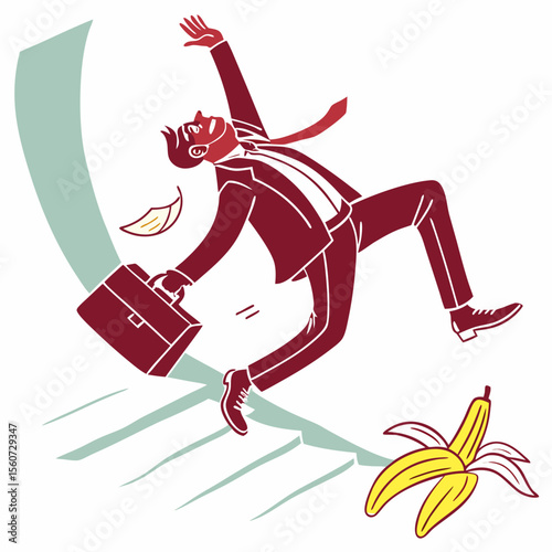 A businessman in a suit is slipping on a banana peel and falling down the stairs with a briefcase