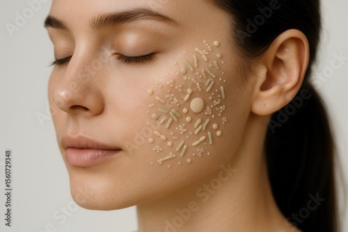 Woman with closed eyes showing skin microbiome and good bacteria for skincare