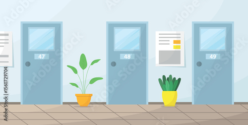 School corridor interior with classroom doors and plants. Education, knowledge. Place for study.