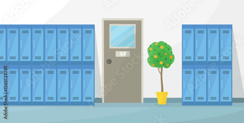 School hallway interior with classroom door, orange tree and lockers. School, college.