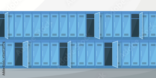 Interior of a school corridor or locker room with lockers for things. Education, sports.