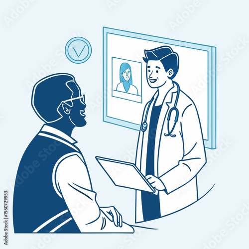 Doctor consults with patient during telehealth appointment using digital tablet in office setting