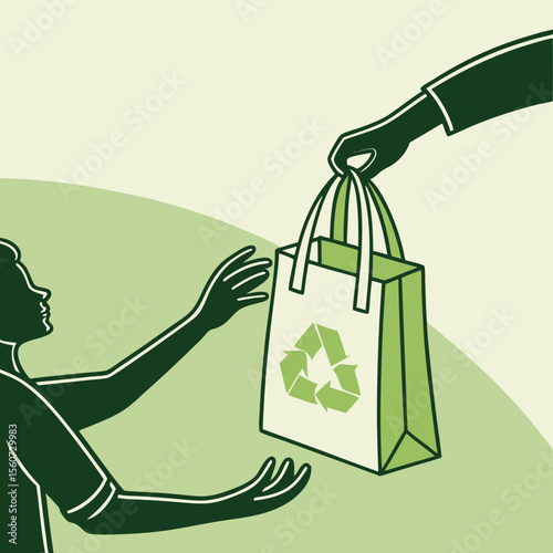 Person receiving a reusable bag with a recycle symbol from another person in a green setting art