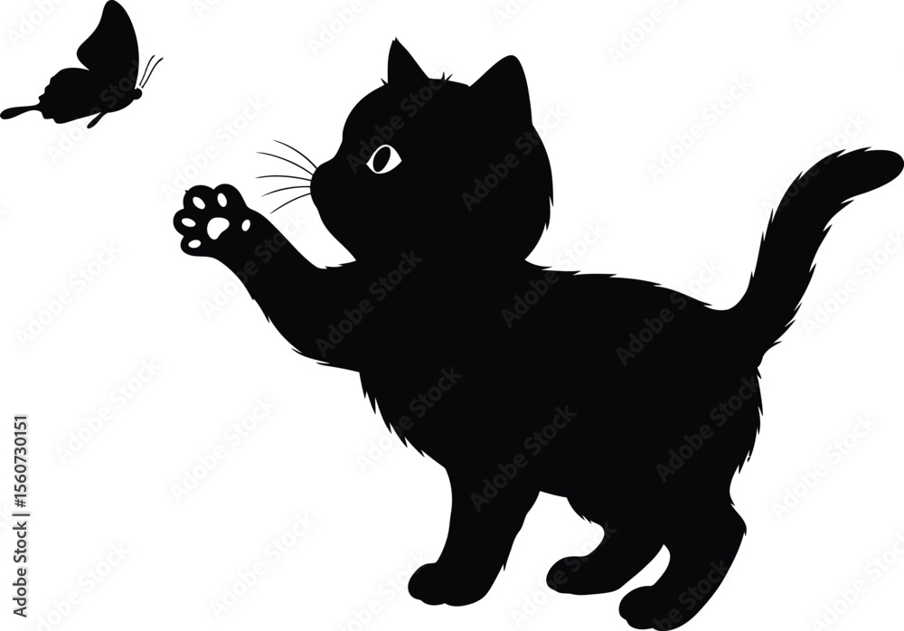 Obraz premium A black silhouette of a kitten is playing with a butterfly