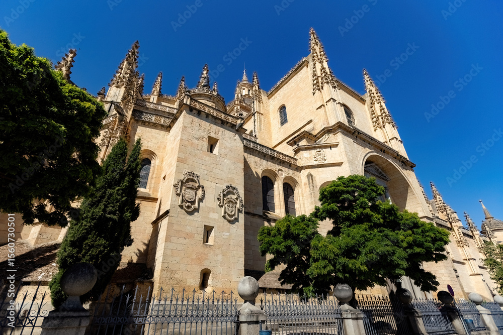 Fototapeta premium Outside view of the The Cathedral of Our Lady of the Assumption and of Saint Fructus, Roman Catholic cathedral located in the Spanish city of Segovia, Spain