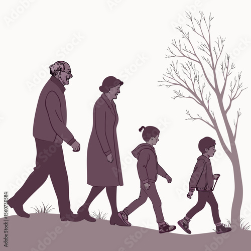 Family generations walking together near a bare tree in a simple illustration style image setting