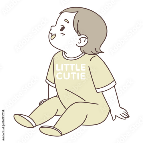 Outline illustration of a happy toddler wearing a "Little Cutie" shirt while sitting