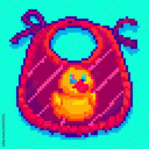 Pixel art colorful bib with a duck design on a bright turquoise background