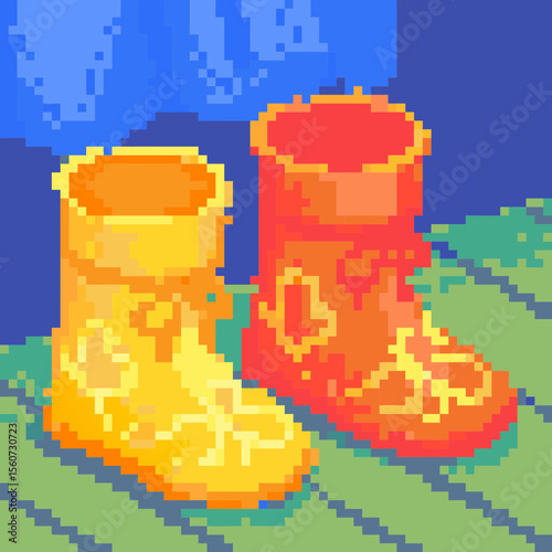 Pixel art children's rubber boots in yellow and red on a wooden floor