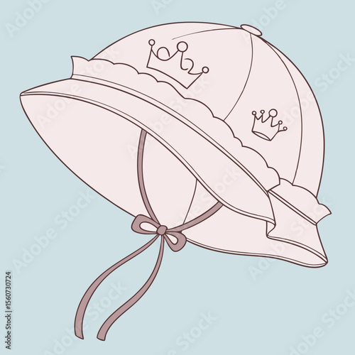 Outline illustration of a cute sun hat with crowns and ribbons on a light blue background
