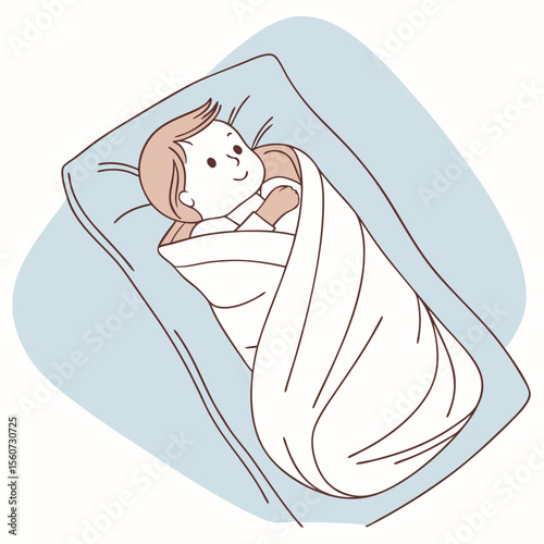 Outline illustration of a sleeping baby wrapped in a blanket on a soft blue background
