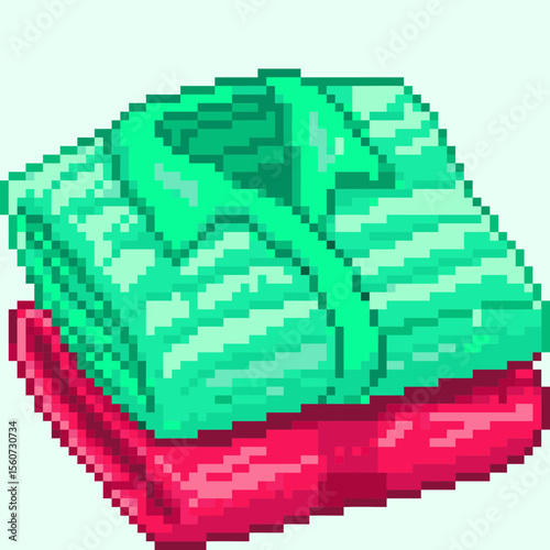 Pixel art folded colorful shirts stacked on a light background
