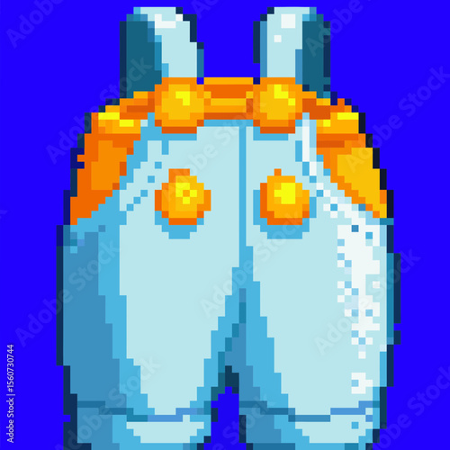 Pixel art children's overalls with yellow buttons and bright blue background
