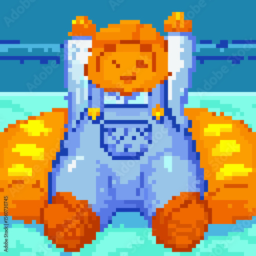 Pixel art happy baby in blue overalls sitting on a large orange cushion with arms raised