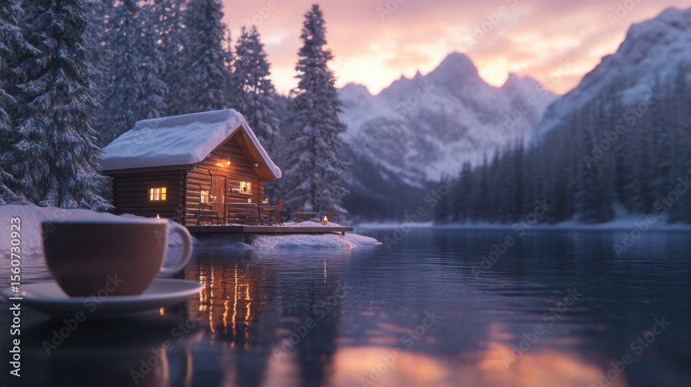 Fototapeta premium Delicious cappuccino in a coffeshop terrece overlooking acozy wooden cabin next to lake at dusk, with snow-covered mountains in the background