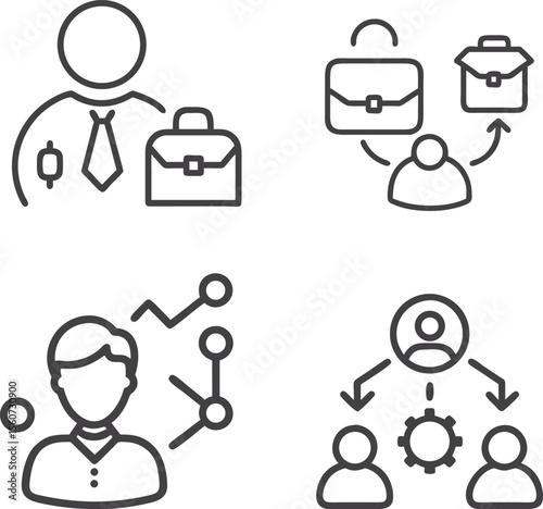 Business, Career, and Management Concepts Icons – Vector Set Featuring Professional Growth, Leadership, Teamwork, Strategy, Success, Career Development, and Office Management Symbols