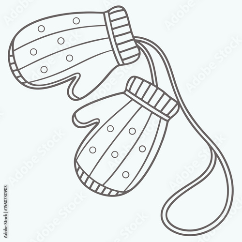Outline illustration of cozy mittens with patterns and a string on a light gray background