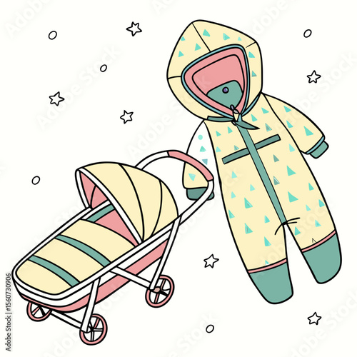 Outline illustration of a colorful children's snowsuit next to a baby stroller on a white background