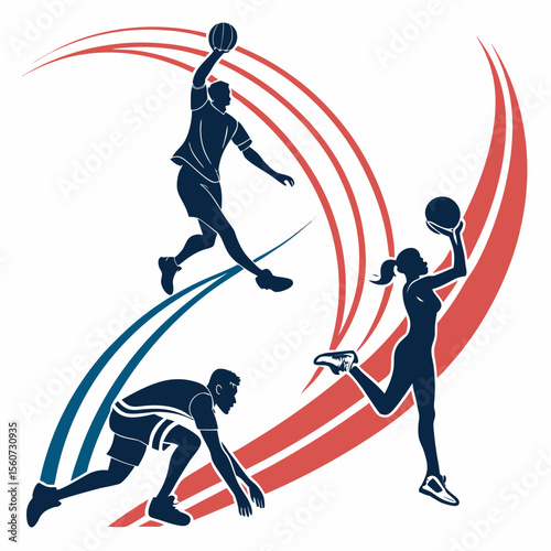 Three athletes in action with basketballs and dynamic swooshes in red and blue color scheme design
