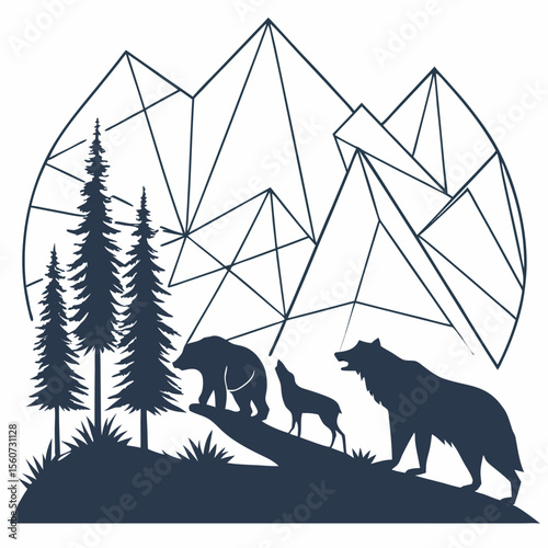 Silhouette of bear wolf and coyote on a hill with pine trees and geometric mountain background design