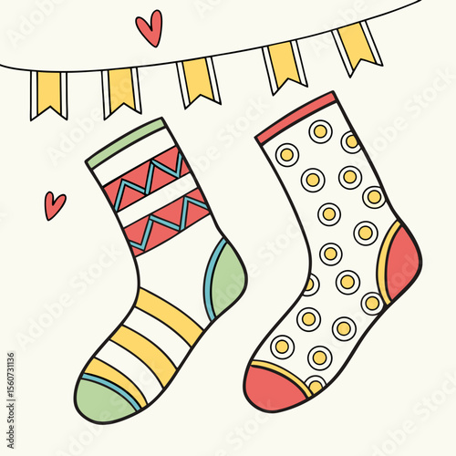 Colorful outline illustration of two pairs of decorative children's socks with patterns on a light beige background
