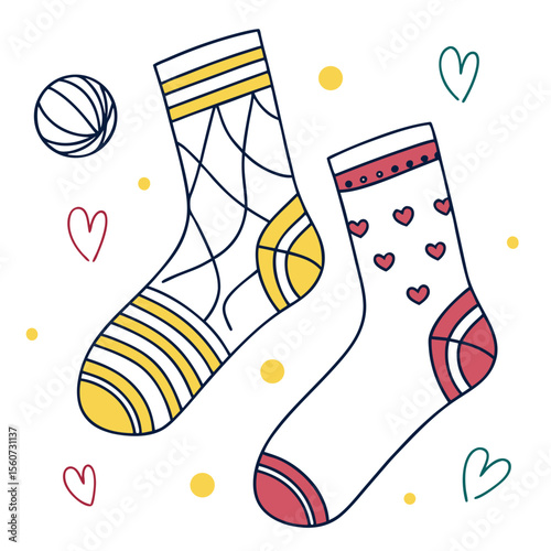 Colorful outline illustration of two pairs of playful children's socks with patterns on a white background
