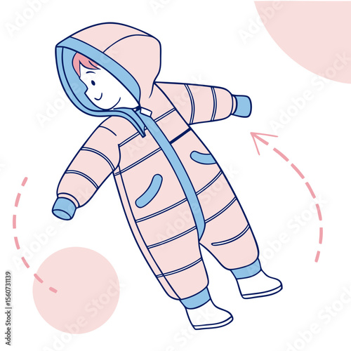 Outline illustration of a happy child wearing a striped snowsuit with a hood on a white background