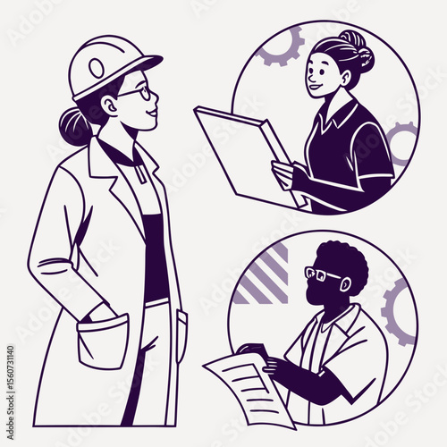 Illustration of three diverse engineers reviewing documents and plans in a technical setting view