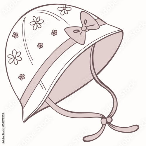 Outline illustration of a cute baby bonnet with floral patterns and a bow on a light beige background