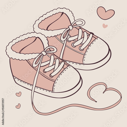 Outline illustration of cute baby shoes with fur trim and shoelaces on a light beige background