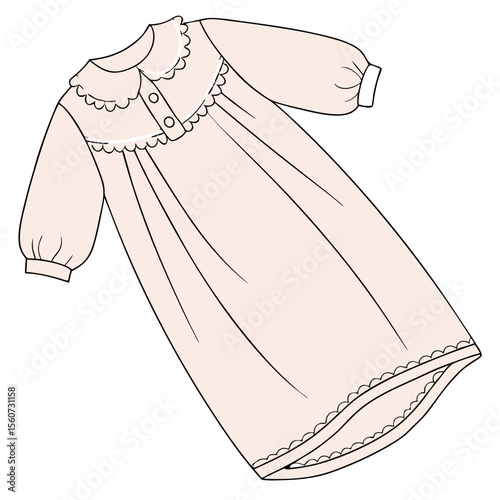 Outline illustration of a simple children's nightdress with buttons and ruffled collar on a white background