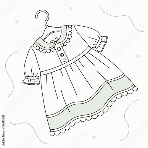 Outline illustration of a charming children's dress with buttons and scalloped hem on a light background