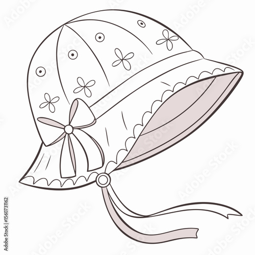 Outline illustration of a cute sun hat adorned with flowers and a bow on a white background