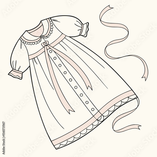 Outline illustration of a fancy children's dress with ribbons and decorative details on a light beige background