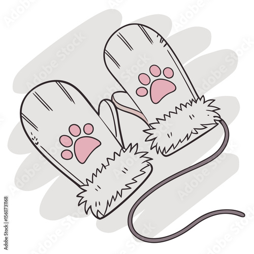 Outline illustration of cute mittens with paw prints and fur trim on a light gray background