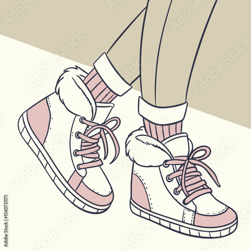 Outline illustration of stylish winter boots with fur and matching socks on a light beige background