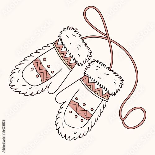 Outline illustration of warm winter mittens with decorative patterns and a string on a light beige background