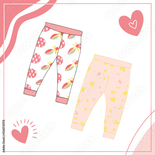 Colorful illustration of two pairs of children's leggings with fruit patterns and hearts on a light pink background