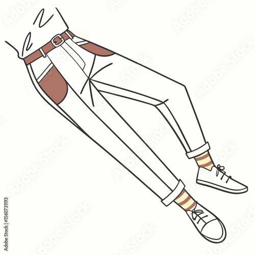 Outline illustration of stylish casual pants with brown pockets and striped socks on a white background