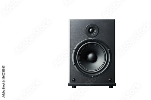 A solitary powerful black speaker isolated on transparent background
